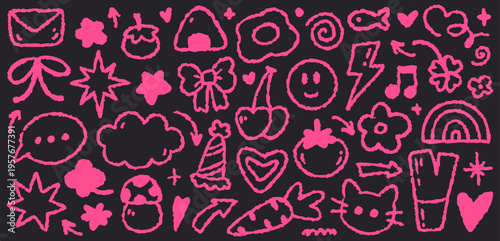 Neon pink Y2K doodle set featuring hearts, stars, bows, cherries, smiley faces, and cute symbols on a dark background. Retro nostalgic style ideal for fashion, sticker, and pop culture projects.