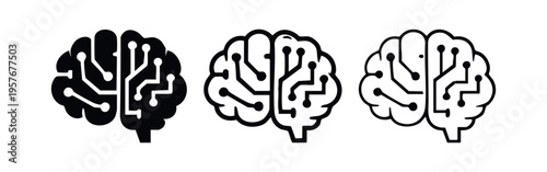 Artificial intelligence brain icons, featuring circuit board patterns in solid, outlined, and thin line versions.