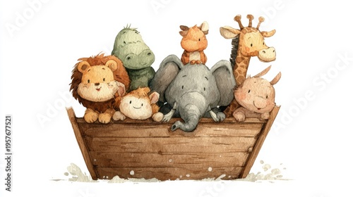 Baby animals sitting together inside wooden crate display
