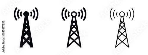 Radio cell tower icon set. Communication antenna and broadcasting mast vector symbols.