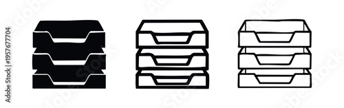Stacked office inbox outbox trays icon set. Paper organizer flat vector illustration in different styles.
