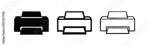 Printer machine icon set. Office document print flat vector illustration in different styles.