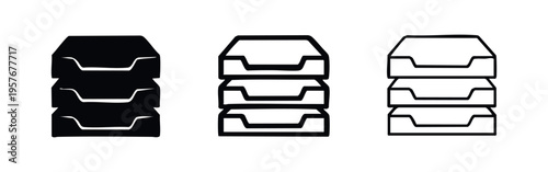Stacked office paper trays icon set. Inbox outbox organizer flat vector illustration in different styles.