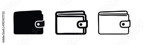 Money wallet icon set. Financial accessory for cash and cards flat vector illustration in different styles.