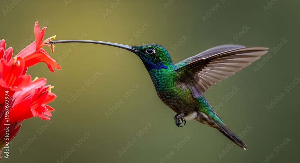 Obraz premium A long-billed hummingbird with iridescent green feathers hovers to sip nectar from a vivid red tropical flower, showcasing nature's delicate aerial grace
