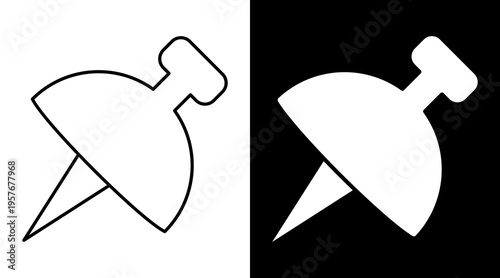 Push Pin Icon. Two-Tone Version On Black And White Background