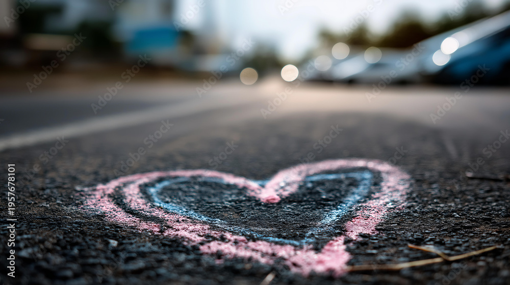 Obraz premium Heart painted on pavement surface, simple romantic urban street symbol concept, defocused background, with copy space