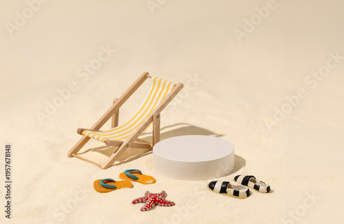 Canvastavla Summer product presentation scene on sand with small beach chair, flip flops and starfish