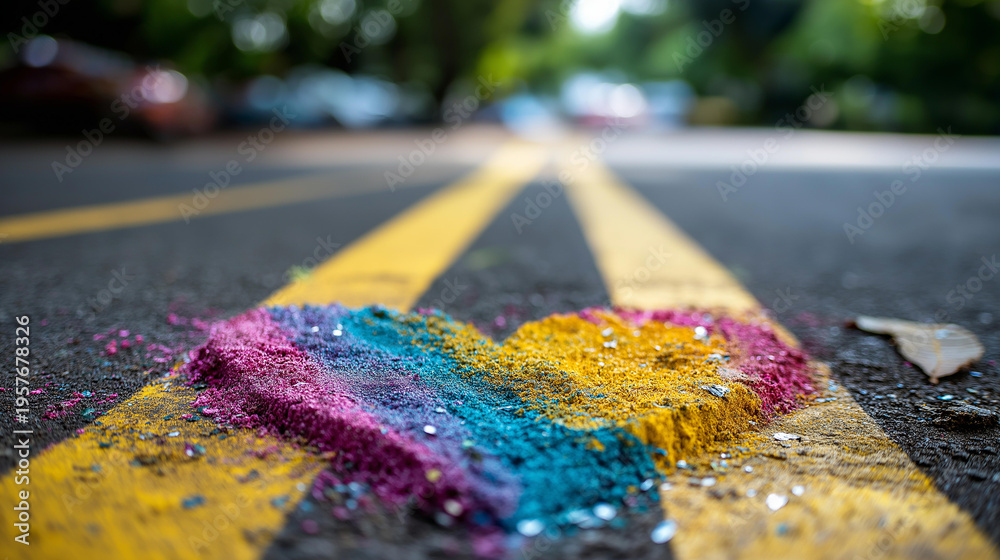 Fototapeta premium Vibrant rainbow heart drawn in chalk on asphalt framed by yellow road markings, love and inclusivity celebration concept, defocused background, with copy space