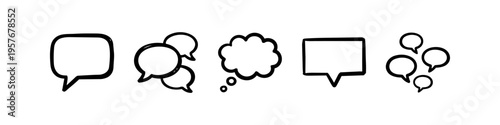 Hand-drawn collection of black and white speech and thought bubbles. Comic style dialogue icons for social media, brainstorming, and creative communication on a white background.