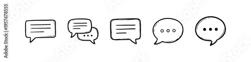 Set of hand-drawn speech bubbles and thought clouds in a minimalist doodle style. Black ink sketches on white background, perfect for communication, social media, and message concepts.