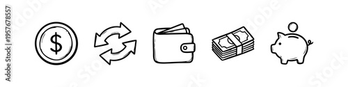 Set of hand-drawn financial icons featuring a dollar coin, exchange arrows, wallet, stack of cash, and piggy bank. Minimalist black and white doodle style for banking and money management.