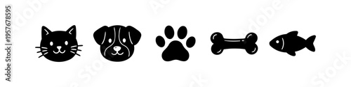 Collection of minimalist black pet icons including cat and dog faces, a paw print, a bone, and a fish silhouette. Ideal for pet shop branding, veterinary clinic logos, and web design elements.