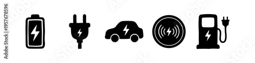 Foto Set of minimalist black icons representing electric vehicles and charging solutions, including battery, plug, car, wireless charging, and station on a clean white background