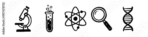 Set of hand-drawn science icons including a microscope, test tube, atom, magnifying glass, and DNA helix. Minimalist black doodle style on white background for research and education.
