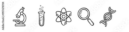 Set of five hand-drawn science icons including a microscope, test tube, atom, magnifying glass, and DNA helix. Minimalist black line art doodles on a white background for educational or lab themes.