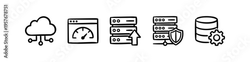 Set of hand-drawn technology icons including cloud computing, website speed, server hosting, data security, and database management. Minimalist black ink doodle style on white background.