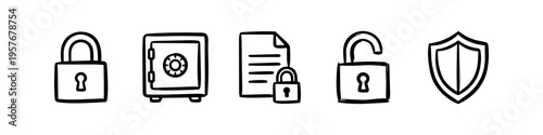Set of hand-drawn security icons featuring closed and open padlocks, a safe, a locked document, and a shield. Ideal for cybersecurity, data protection, and digital privacy concepts.