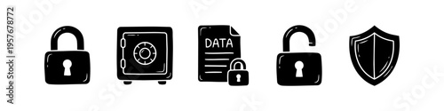 Set of hand-drawn security icons including closed and open padlocks, a safe, a data document with a lock, and a protective shield. Concept of data protection and privacy.