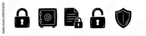 Hand-drawn security icon set featuring a closed and open padlock, safe, locked document, and shield. Minimalist black doodle style perfect for web protection and data safety concepts.