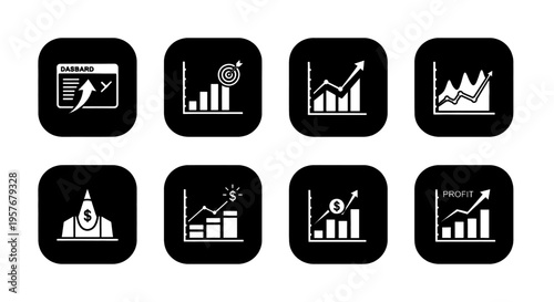 Collection of modern icons representing financial growth, progress, and success.