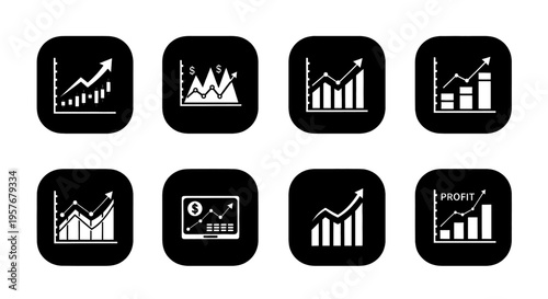 Collection of diverse financial growth charts and profit indicators on dark background
