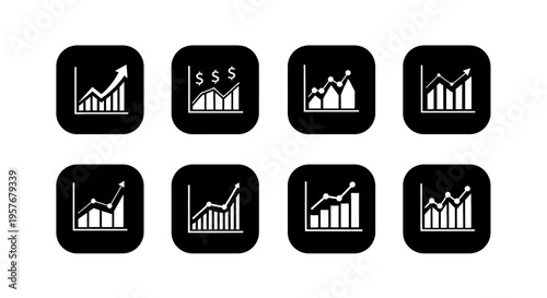 Collection of white upward trending financial charts on black square backgrounds