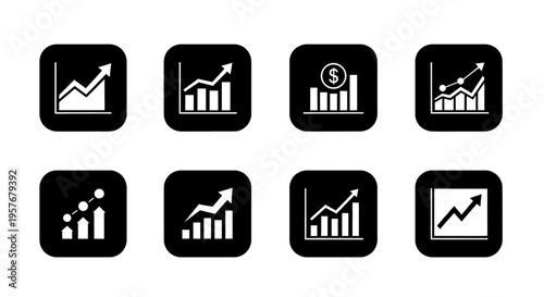 Collection of rising financial graph icons symbolizing growth and success