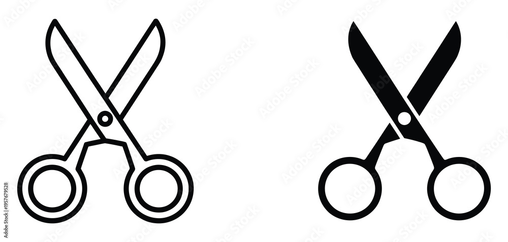 Fototapeta premium Scissors icon vector set, cutting tool vector illustrations, including scissor outline, silhouette, and flat design