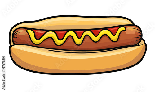 Classic hot dog with ketchup and mustard in a bun, isolated on white background