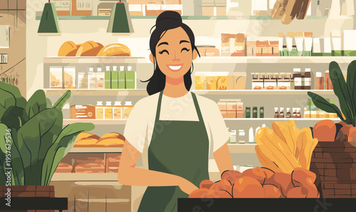 Smiling woman in apron working in a grocery store with shelves of products and fresh produce