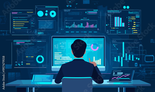 Man in suit analyzing complex data visualizations on multiple screens in a futuristic office