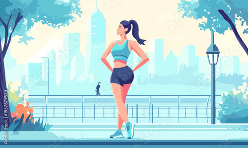 Fit woman in athletic wear posing confidently in a city park with skyscrapers in the background