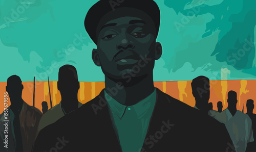 Portrait of a determined Black man in a beret, surrounded by silhouetted figures