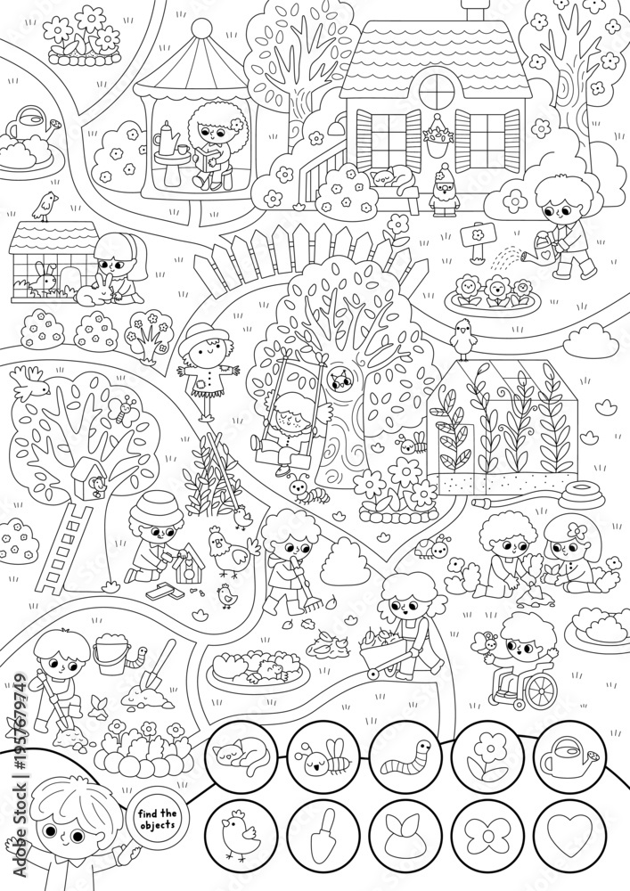 Fototapeta premium Vector black and white searching game with garden landscape. Find objects. Spot hidden plant, flower, bee, cat, chick. Line seek and find printable activity for kids. Spring worksheet, coloring page