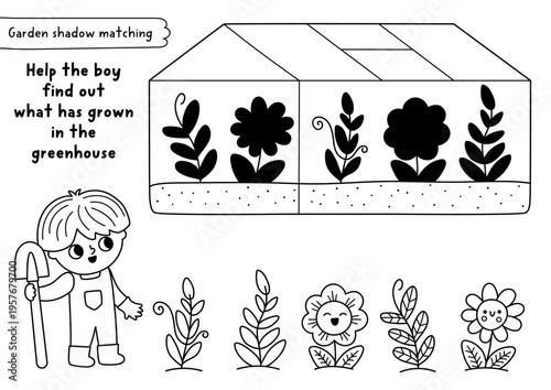 Garden black and white shadow matching activity with boy gardener, greenhouse with flowers, plants. Spring line puzzle for kids. Find correct silhouette printable worksheet, game, coloring page