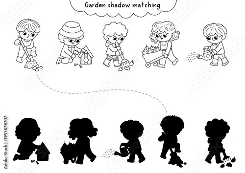 Garden black and white shadow matching activity with children gardeners. Spring line puzzle with kids, spade, watering can, rake. Find correct silhouette printable worksheet, game, coloring page