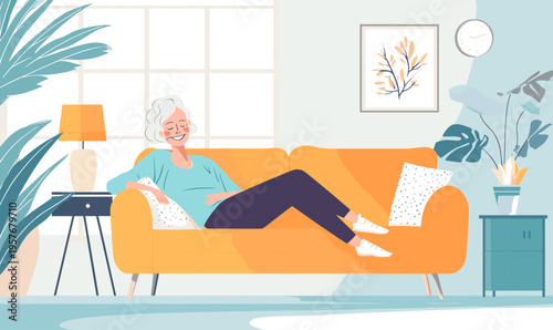 Elderly woman relaxing comfortably on a bright orange sofa in a modern living room