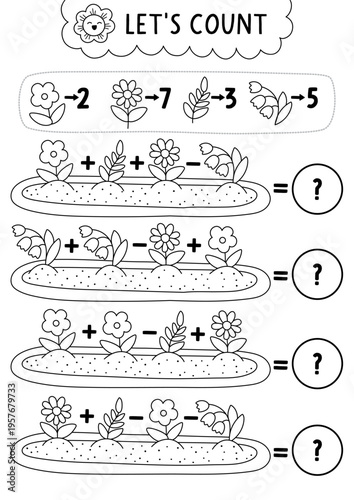 How many garden plants game, equation, rebus. Spring black and white math activity for school children. Printable counting worksheet, coloring page for kids with flowers on flower bed