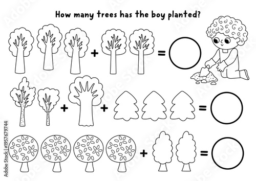 How many trees game with boy growing plants. Spring black and white math addition activity. Printable line counting worksheet, coloring page for kids with gardener digging earth with spade