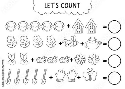 Let’s count game with garden plants, insects, birdhouse, watering can. Spring black and white math addition activity. Line printable counting worksheet, coloring page for kids with gardener tools