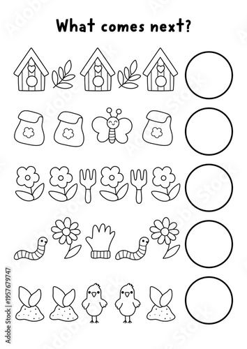 What comes next. Garden black and white logical activity with gardening symbols. Spring logic succession worksheet, coloring page. Continue row game with birdhouse, flower, worm