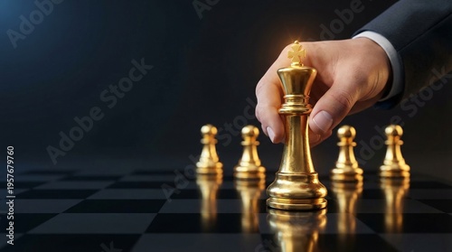 Businessman Hand Placing Golden Chess King Piece on Chessboard - Leadership Strategy Decision Making Business Success Power and Corporate Chess Game Concept
