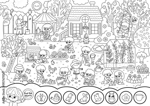 Vector black and white searching game with garden landscape. Find objects. Spot hidden watering can, bird. Line seek and find printable activity, coloring page for kids. Spring worksheet with gardener