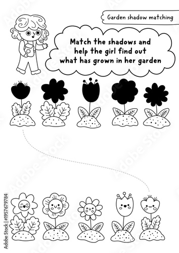 Garden black and white shadow matching activity with girl gardener, flowerbed with flowers and plants. Spring line puzzle, coloring page for kids. Find correct silhouette printable worksheet, game