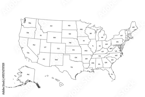 USA map with geographical State borders and names. United States of America map. Outline USA map design with state borders. Vector