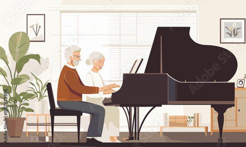 Elderly couple happily playing a grand piano together in a cozy living room setting