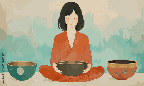 Young woman in traditional Japanese kimono meditating with singing bowls for inner peace