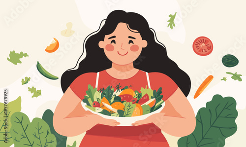 Happy woman holding a fresh bowl of colorful salad with flying ingredients around her