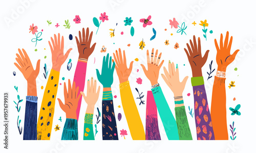 Diverse hands raised in celebration with colorful floral elements and patterns